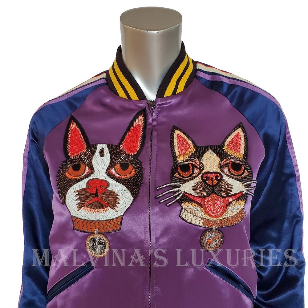 GUCCI JACKET BOMBER BOSCO ORSO PATCHES PURPLE SATIN w LOGO DETAIL - Picture 3 of 11